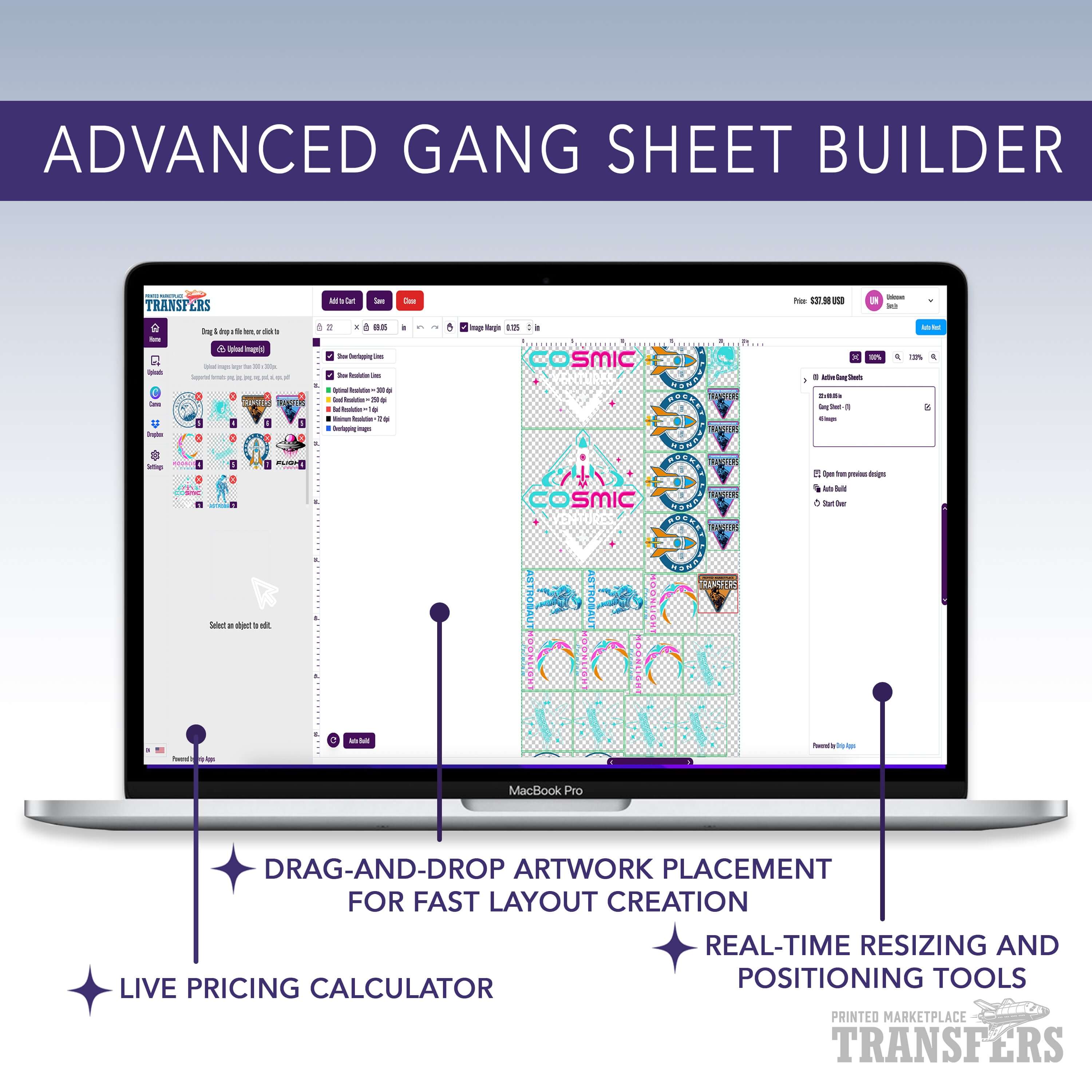 DTF Transfers | Custom Glitter DTF Gang Sheet | Printed Marketplace Transfers in Advanced Gang Sheet Builder.