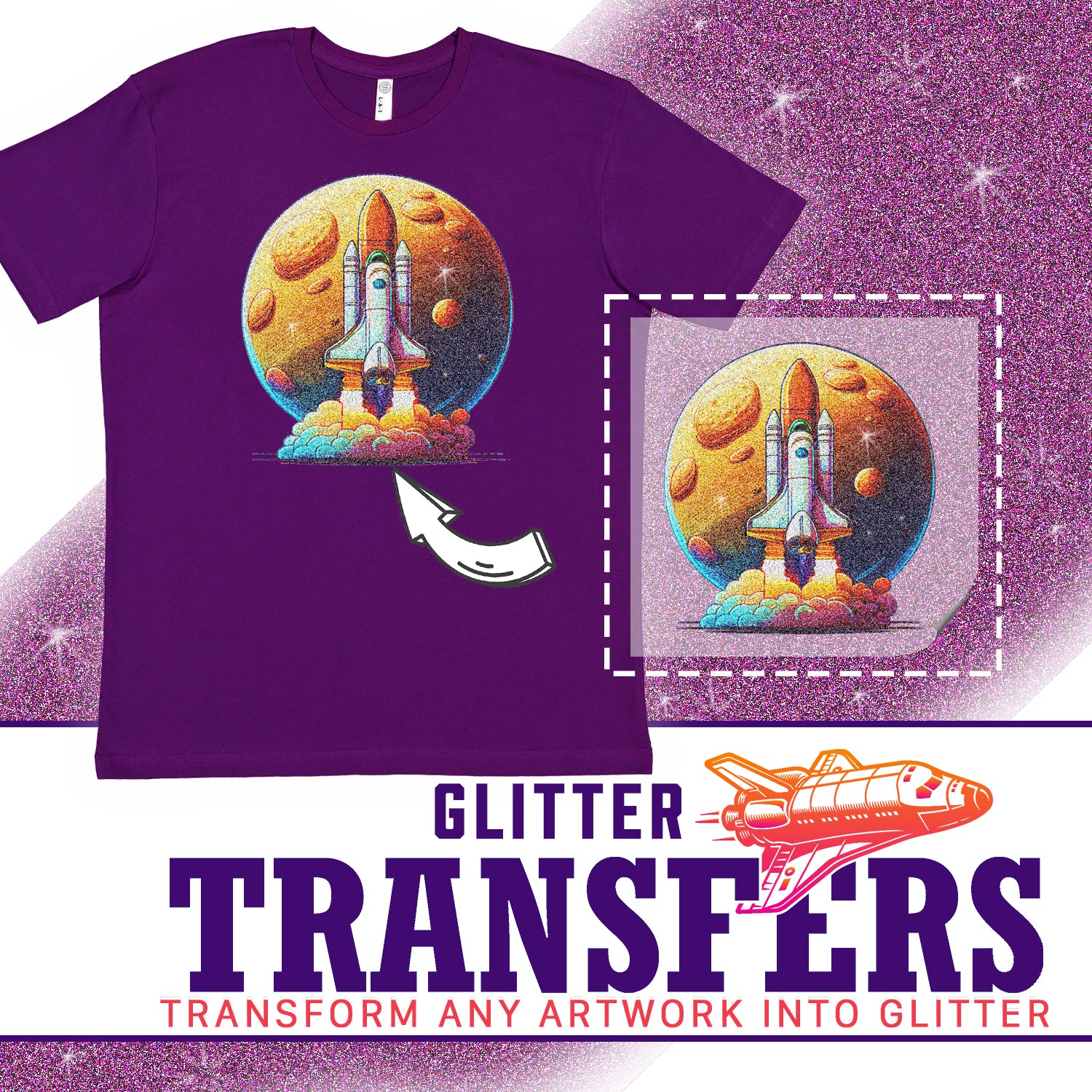 Glitter DTF Transfers | Custom Glitter DTF Gang Sheet | Printed Marketplace Transfers on purple t-shirt featuring rocket design
