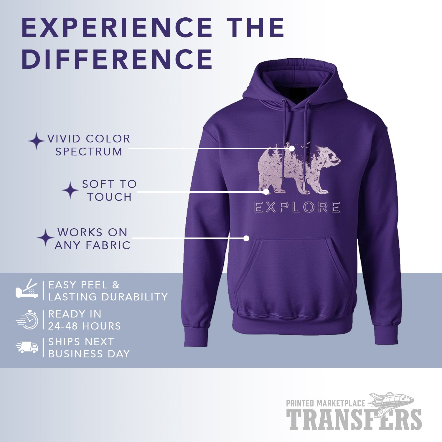 Glitter DTF Transfers | Custom Glitter DTF Gang Sheet | Printed Marketplace Transfers on a purple hoodie.
