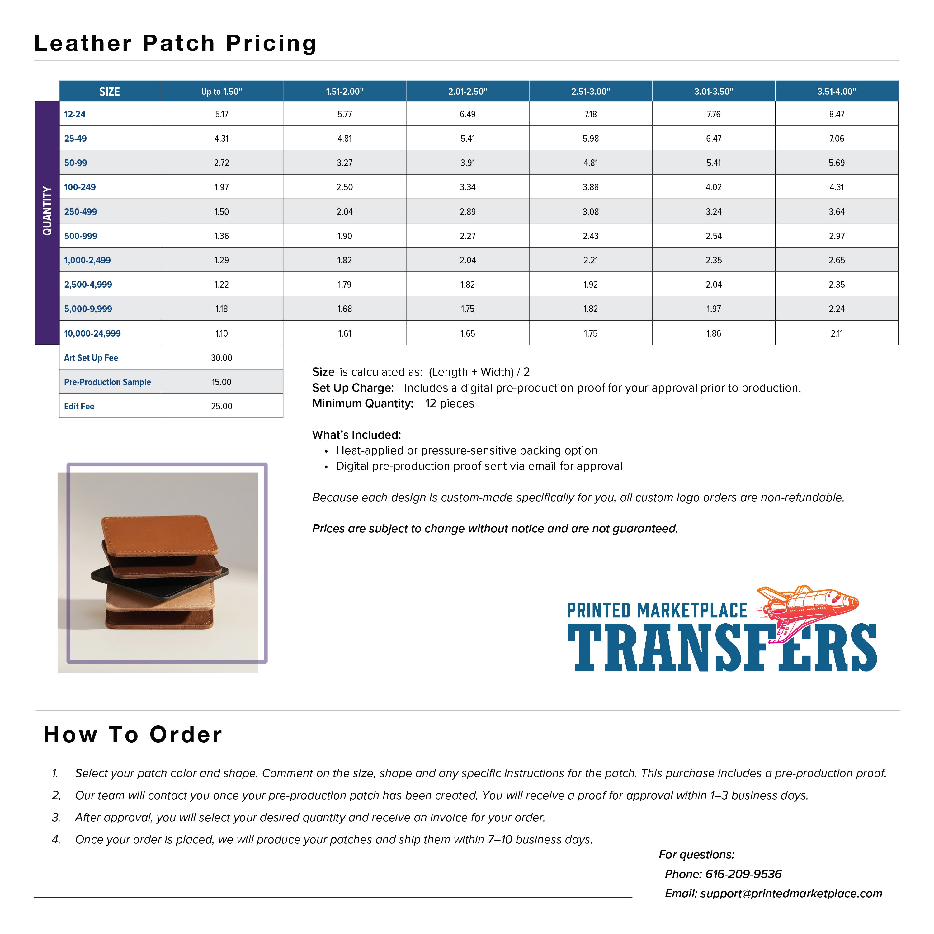 Custom Leather Patch Pricing and Sizing